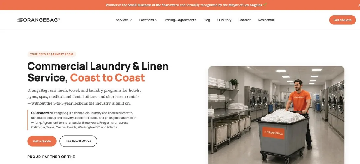 The rebuilt WordPress homepage: a headline naming the service, the verticals served, the markets covered, a short answer block and two calls to action