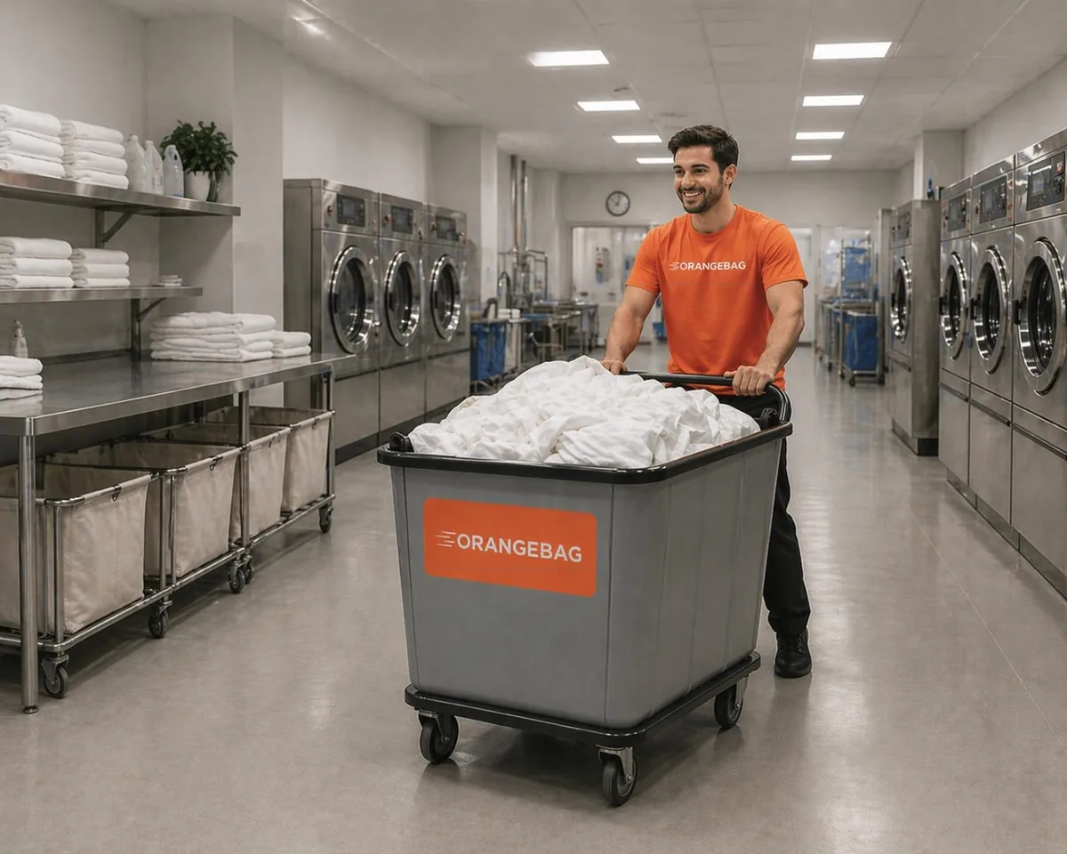 An OrangeBag team member moving clean linen through the Los Angeles plant