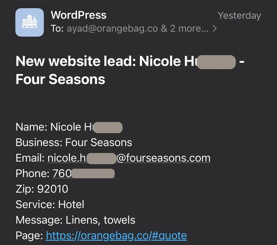 Website lead notification from Four Seasons, personal details redacted