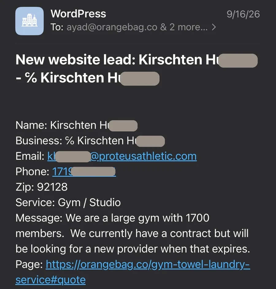 Website lead notification from a 1,700-member gym, personal details redacted