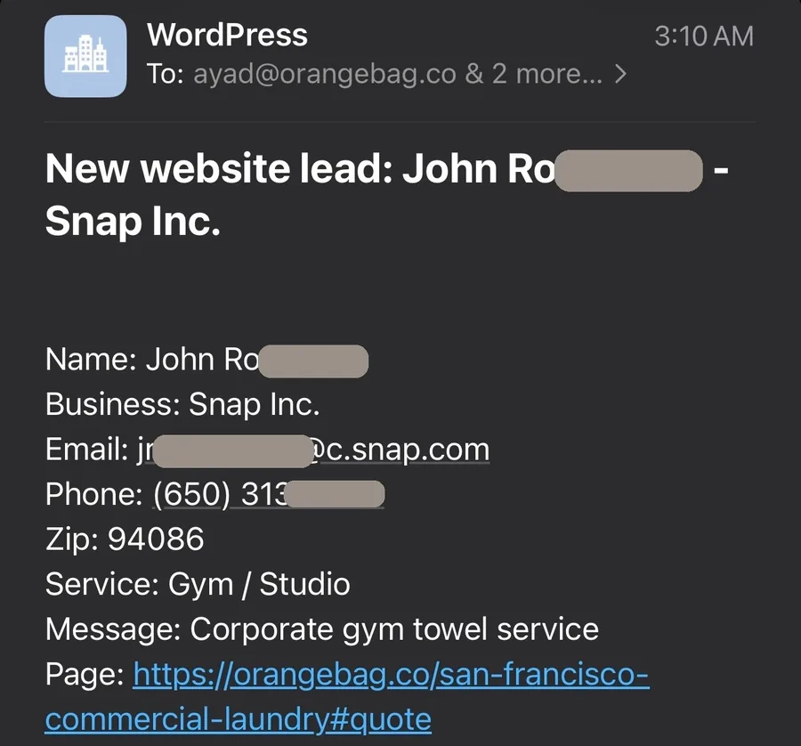Website lead notification from Snap Inc., personal details redacted