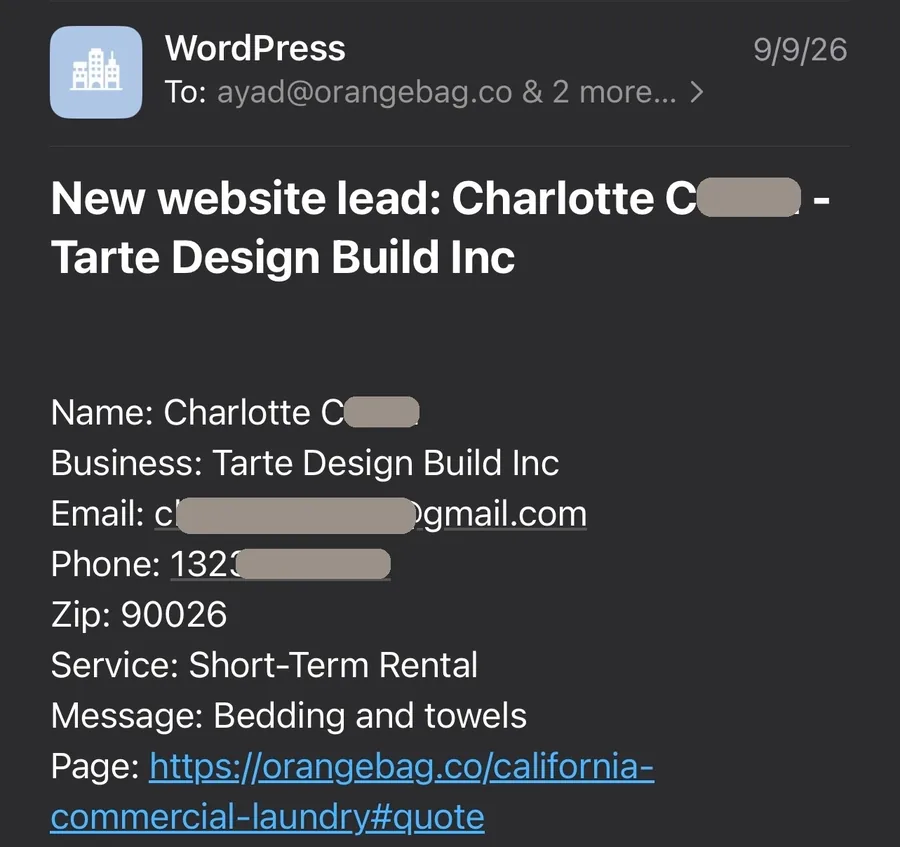 Website lead notification from Tarte Design Build, personal details redacted