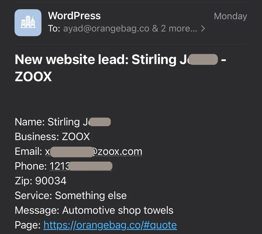 Website lead notification from ZOOX, personal details redacted