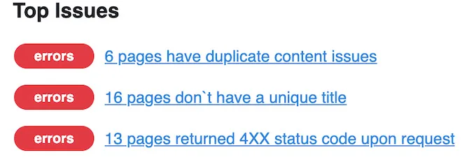 Top issues on the old site: six pages with duplicate content, sixteen without a unique title, thirteen returning a 4XX status code