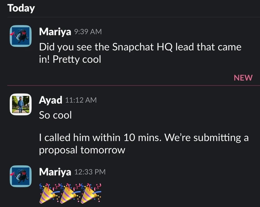 Slack exchange the morning the Snap Inc. lead arrived: Ayad says he called him within 10 minutes and is submitting a proposal tomorrow