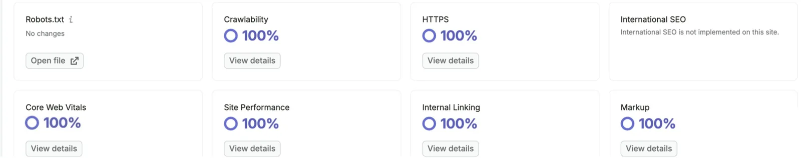 Semrush thematic reports for orangebag.co, each at 100 percent: crawlability, HTTPS, Core Web Vitals, site performance, internal linking and markup