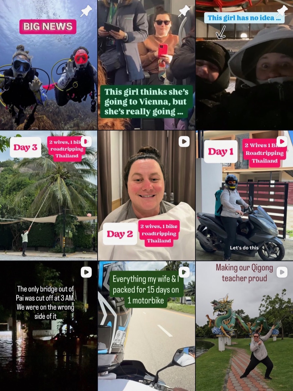 WanderGays Instagram grid: scuba diving, a surprise trip, and a motorbike road trip through Thailand