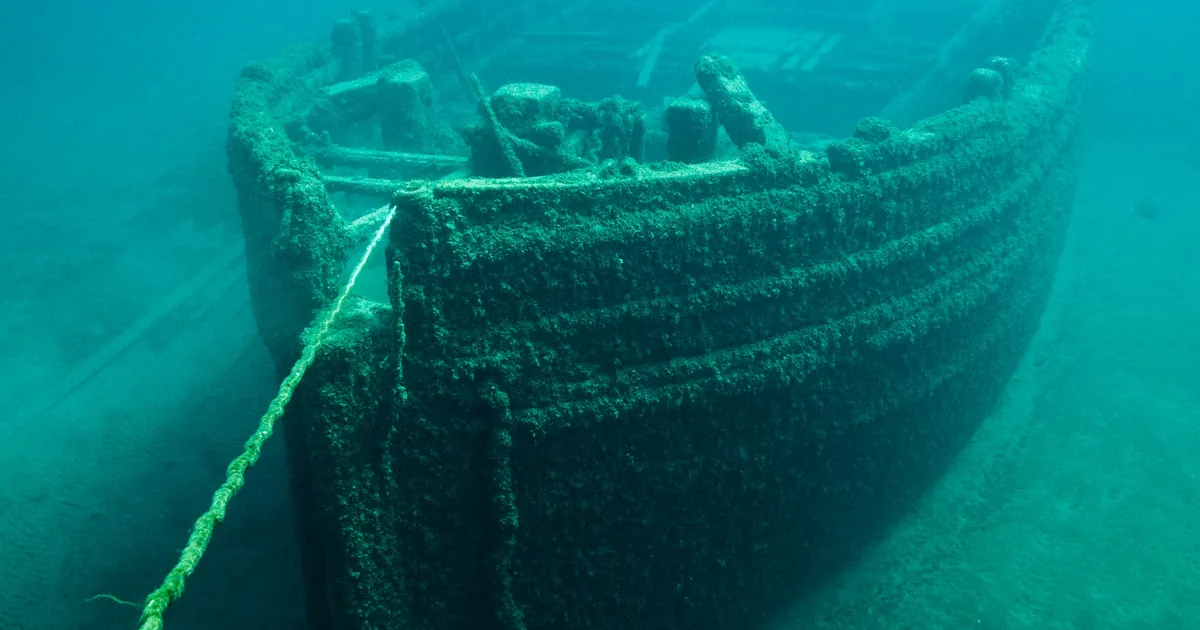 A shipwreck resting on the sea floor