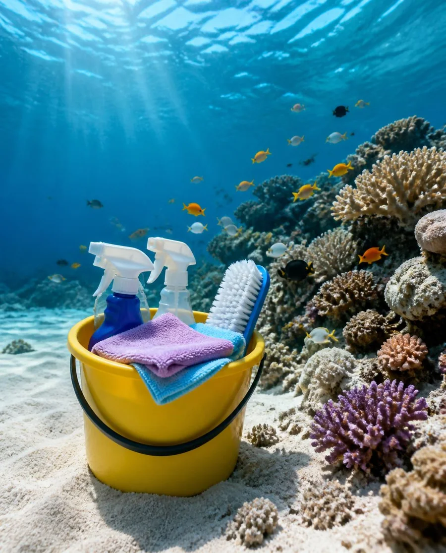 A yellow cleaning bucket with spray bottles and cloths on the sea floor beside a coral reef