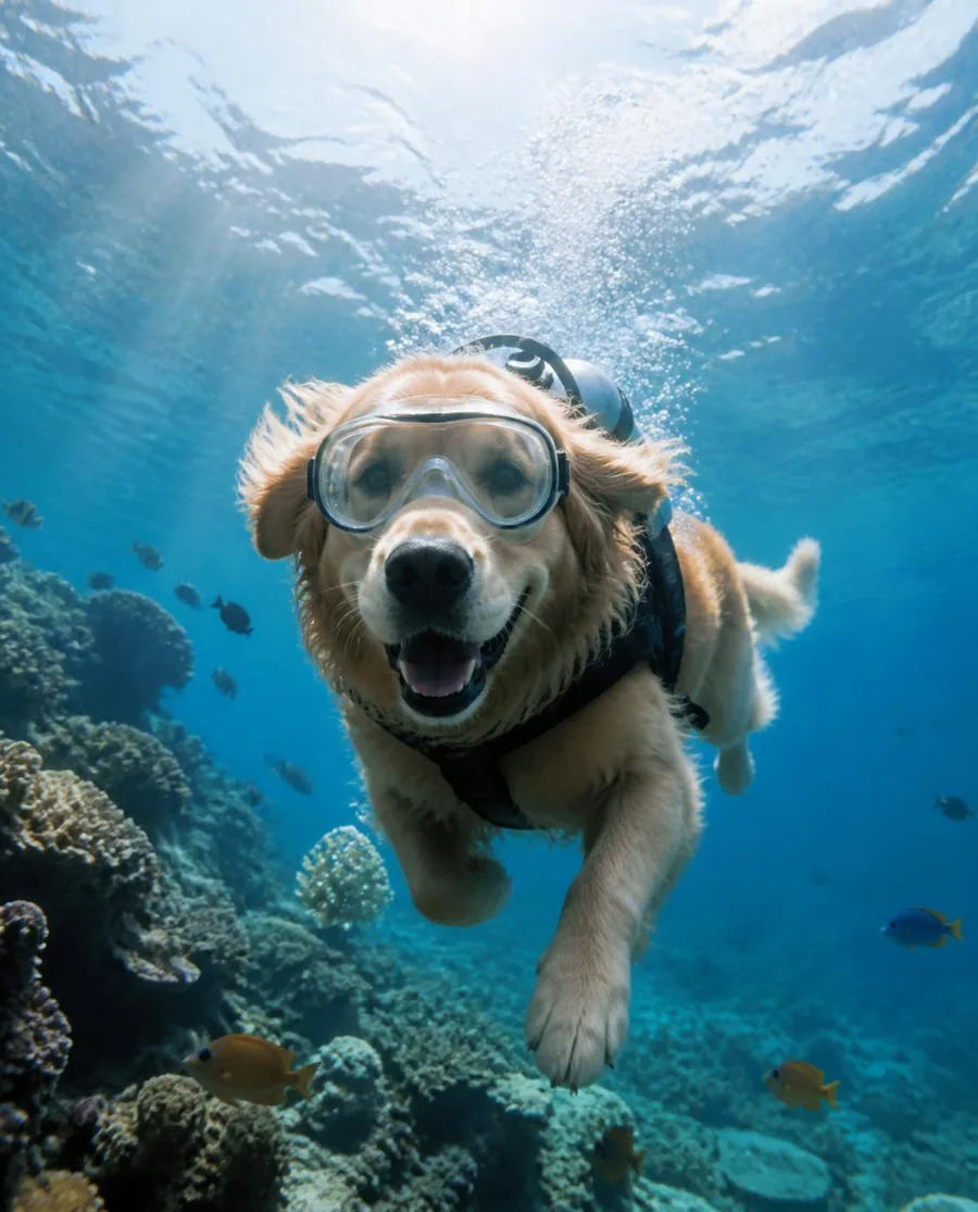 A golden retriever in a scuba mask and tank swimming over a coral reef