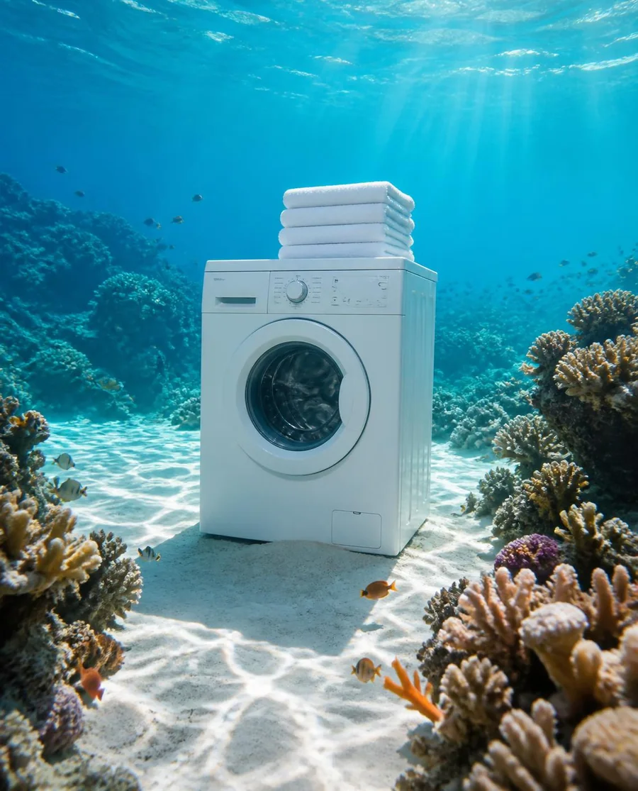 A washing machine topped with folded white towels on the sea floor among coral